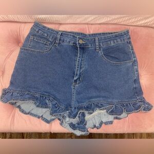 SHEIN Blue Ruffle Hem Denim Jean Shorts